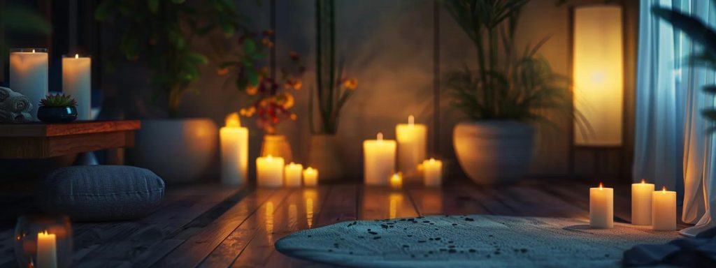 a serene spa room with soft lighting, aromatic candles, and a tranquil atmosphere, inviting relaxation and rejuvenation.