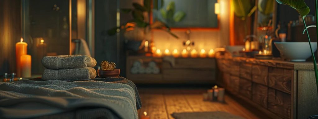 a serene spa setting with plush towels, aromatic candles, and soothing background music, creating a luxurious and welcoming atmosphere for guests.