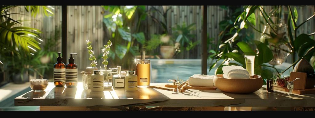 a tranquil spa room with a variety of luxurious treatments displayed elegantly on a table, inviting guests to choose their personalized wellness journey.