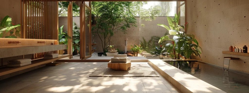 bask in the tranquil ambiance of a modern spa retreat, surrounded by sleek furnishings and soothing earth tones.