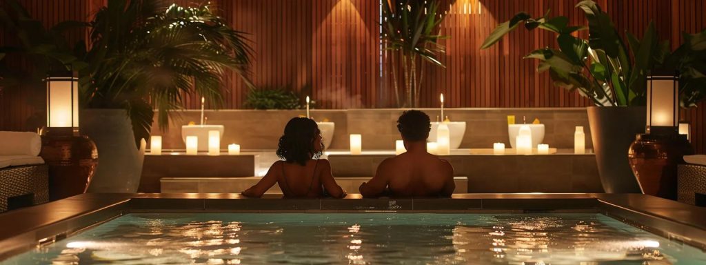 a couple peacefully lounging in a serene spa setting, surrounded by luxurious amenities and soothing ambiance.